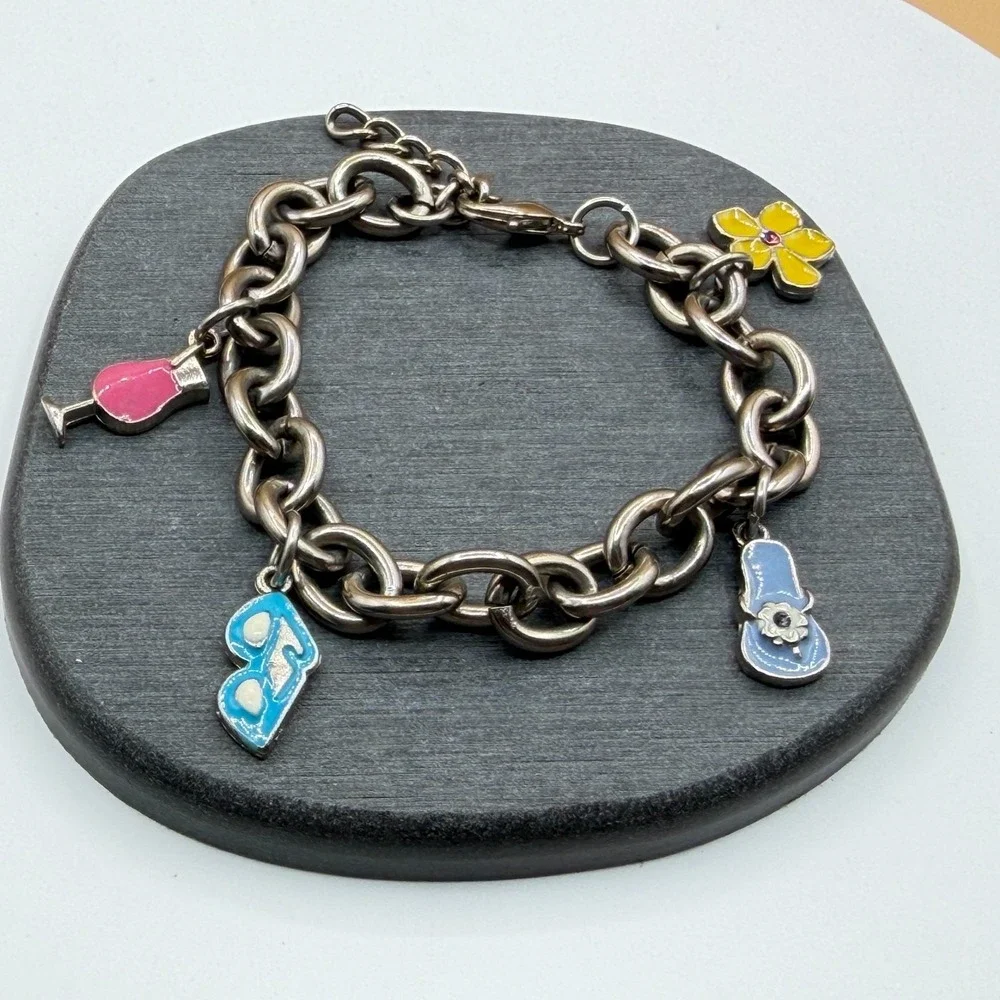 Silver Tone Chunky Chain Enamel Shoe Flower Wine Glass Charm Bracelet 7 Inch